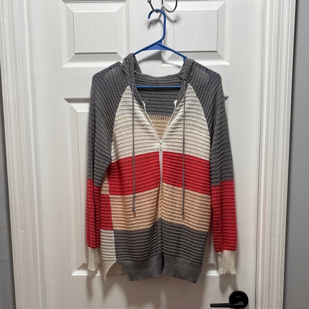 Striped lightweight hooded zip up sweater jacket